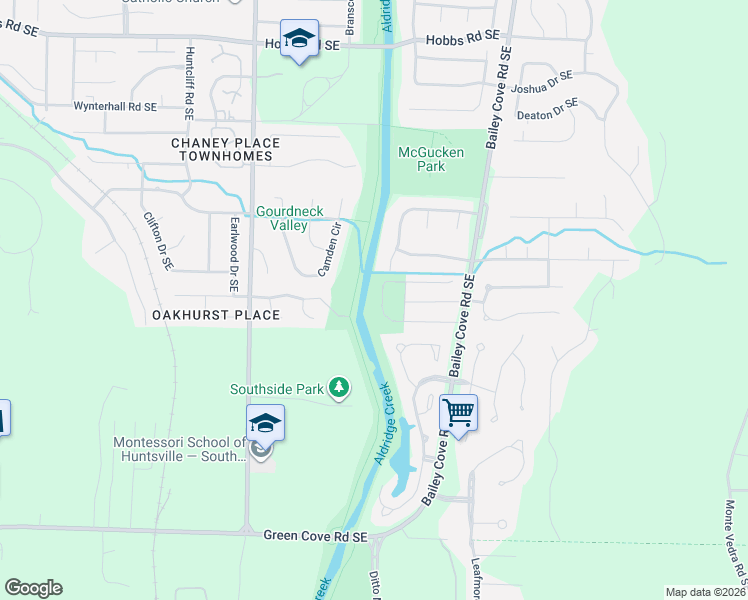 map of restaurants, bars, coffee shops, grocery stores, and more near 1209 Meadow Park Drive Southeast in Huntsville