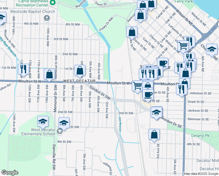 map of restaurants, bars, coffee shops, grocery stores, and more near 208 3rd Avenue Southwest in Decatur