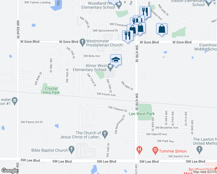 map of restaurants, bars, coffee shops, grocery stores, and more near 513 Southwest 70th Street in Lawton