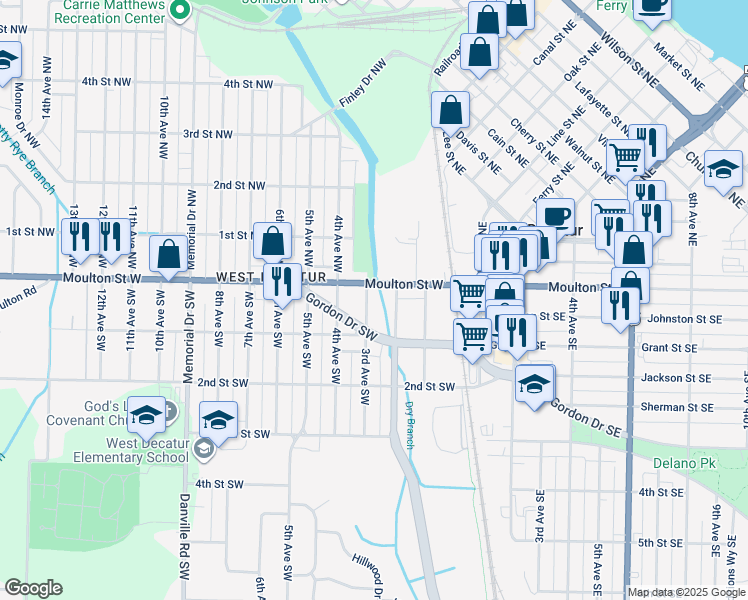 map of restaurants, bars, coffee shops, grocery stores, and more near 208 3rd Avenue Southwest in Decatur