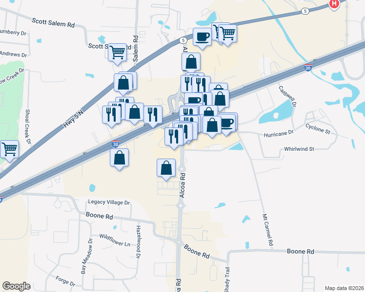 map of restaurants, bars, coffee shops, grocery stores, and more near Alcoa Road in Benton