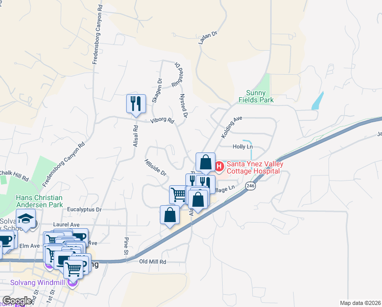 map of restaurants, bars, coffee shops, grocery stores, and more near 1995 Viborg Road in Solvang