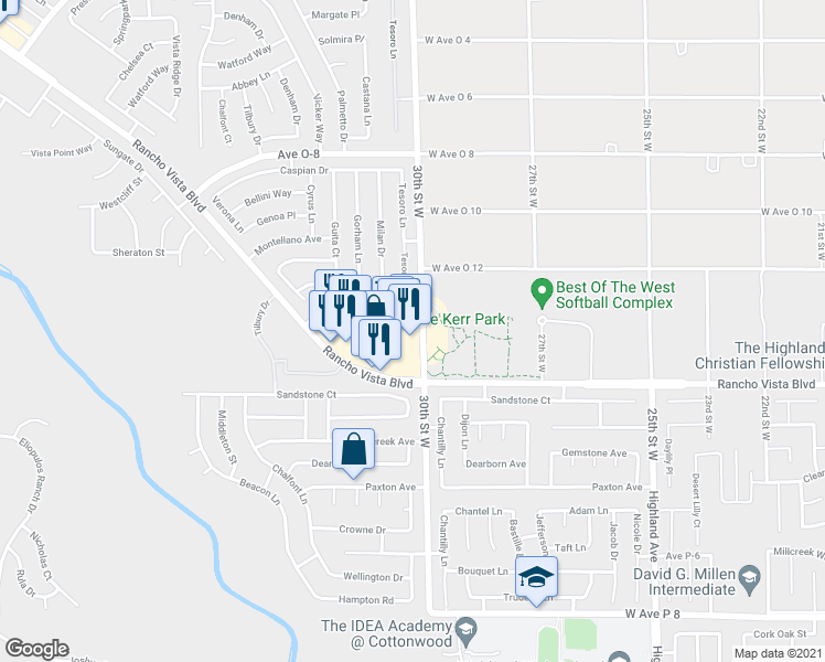 map of restaurants, bars, coffee shops, grocery stores, and more near 3011 Rancho Vista Boulevard in Palmdale