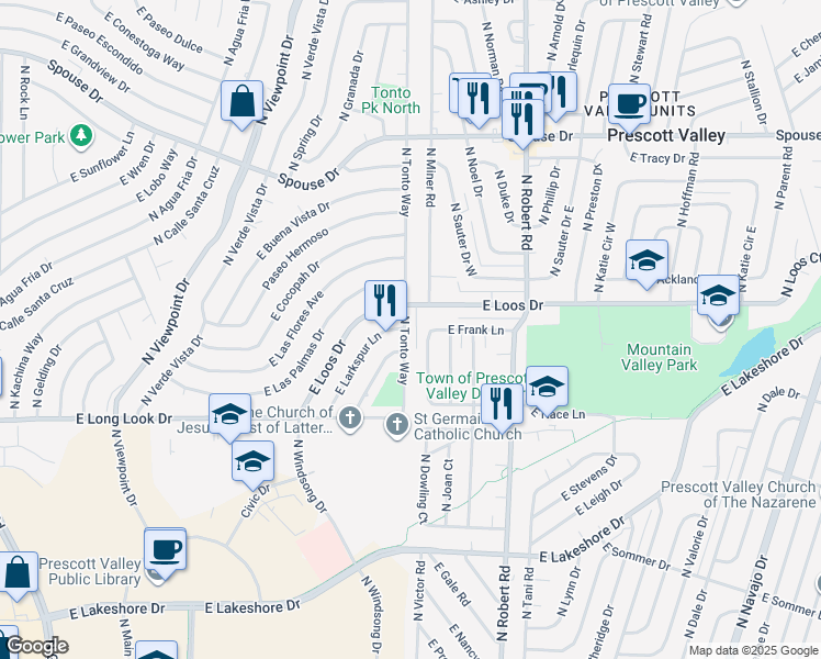 map of restaurants, bars, coffee shops, grocery stores, and more near 7944 East Larkspur Lane in Prescott Valley