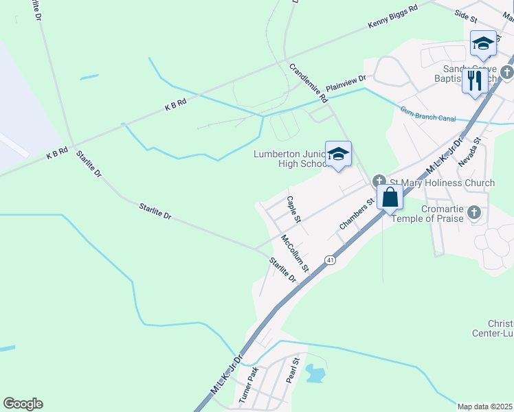 map of restaurants, bars, coffee shops, grocery stores, and more near 403 McCollum Street in Lumberton