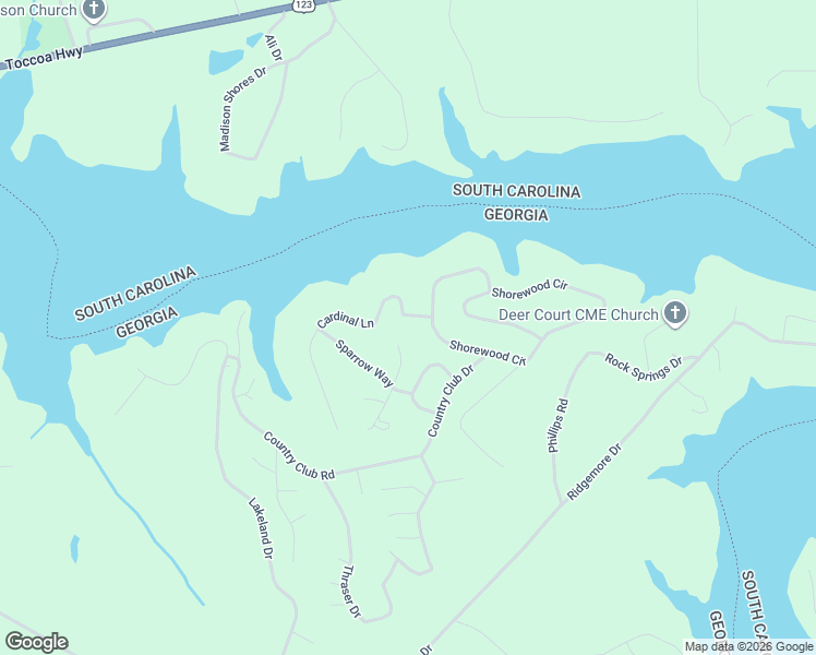 map of restaurants, bars, coffee shops, grocery stores, and more near 240 Shorewood Circle in Toccoa