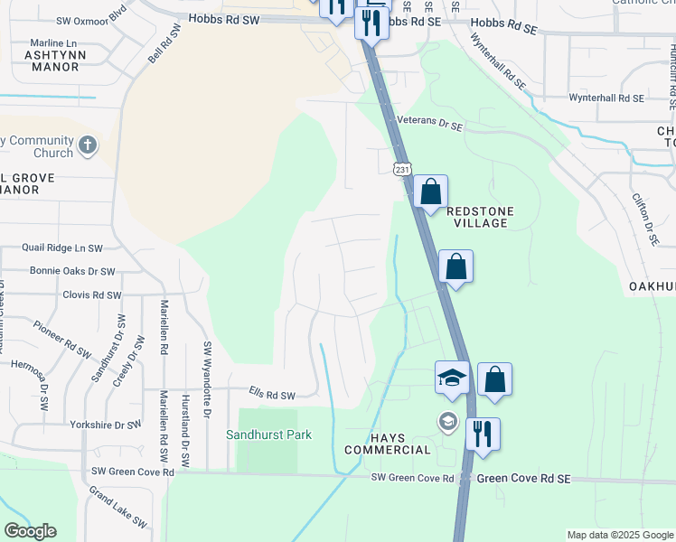 map of restaurants, bars, coffee shops, grocery stores, and more near 12613 Iron Rock Circle Southwest in Huntsville