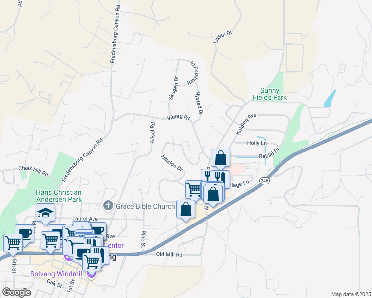map of restaurants, bars, coffee shops, grocery stores, and more near 716 Hillside Drive in Solvang