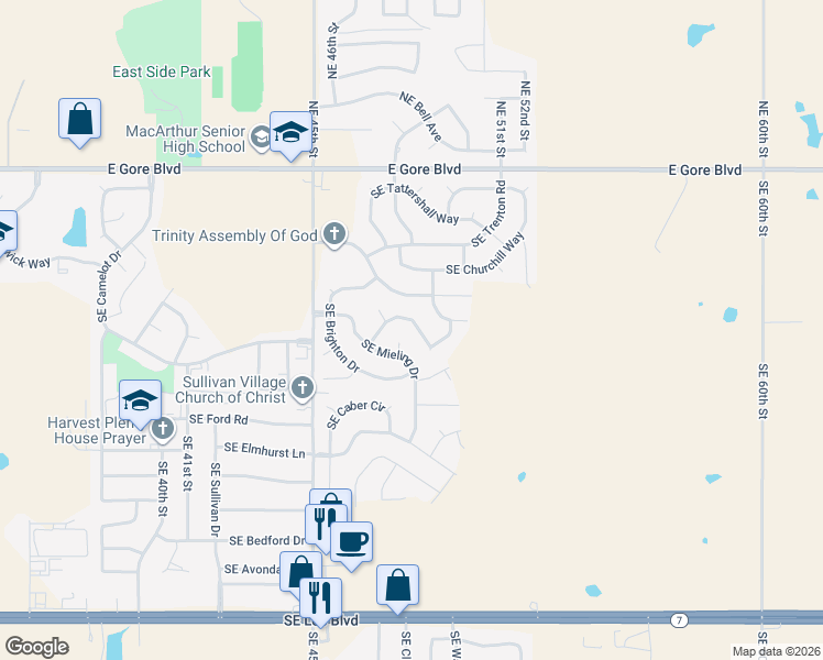 map of restaurants, bars, coffee shops, grocery stores, and more near 4717 Southeast Sunnymeade in Lawton