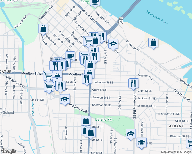 map of restaurants, bars, coffee shops, grocery stores, and more near 619 Moulton St E in Decatur