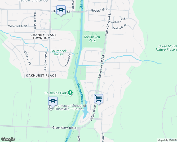 map of restaurants, bars, coffee shops, grocery stores, and more near 1815 Gallop Drive Southeast in Huntsville