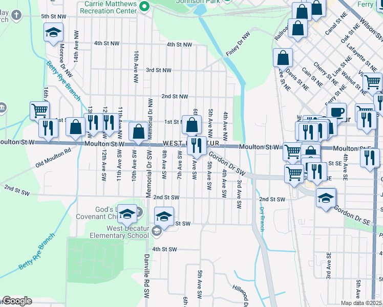 map of restaurants, bars, coffee shops, grocery stores, and more near 205 6th Avenue Southwest in Decatur