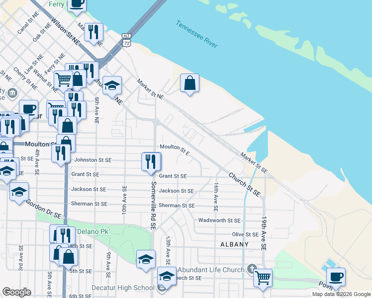 map of restaurants, bars, coffee shops, grocery stores, and more near 1402 Moulton Street East in Decatur