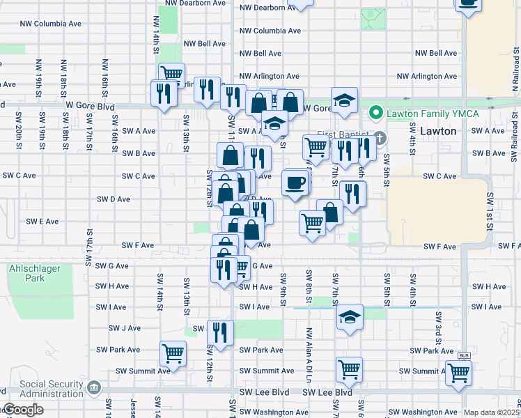map of restaurants, bars, coffee shops, grocery stores, and more near 410 Southwest 10th Street in Lawton