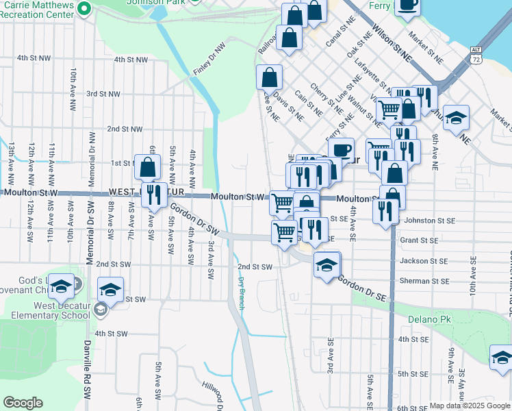 map of restaurants, bars, coffee shops, grocery stores, and more near 212 1st Avenue Northeast in Decatur