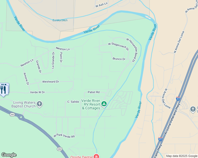map of restaurants, bars, coffee shops, grocery stores, and more near 2361 North Mustang Lane in Camp Verde