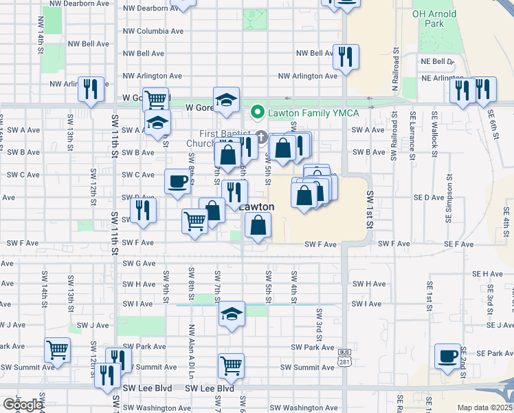 map of restaurants, bars, coffee shops, grocery stores, and more near in Lawton