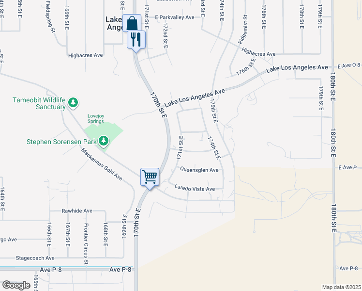 map of restaurants, bars, coffee shops, grocery stores, and more near 171st Street East in Palmdale