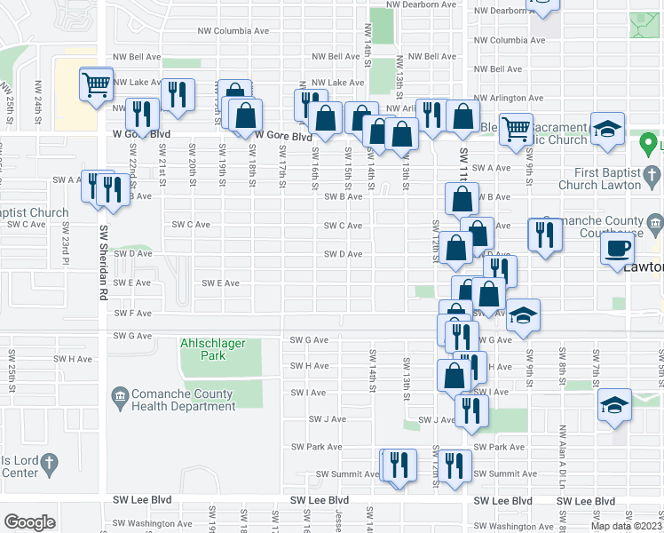 map of restaurants, bars, coffee shops, grocery stores, and more near 1510 Southwest D Avenue in Lawton