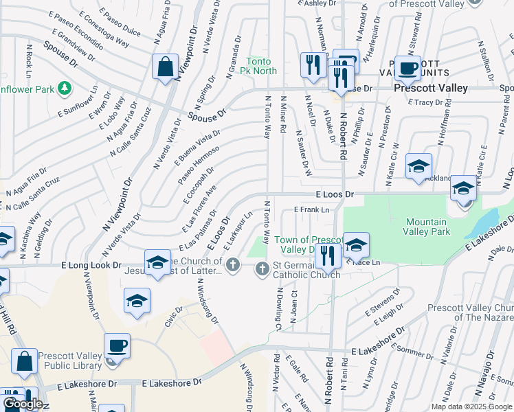 map of restaurants, bars, coffee shops, grocery stores, and more near 7944 East Larkspur Lane in Prescott Valley