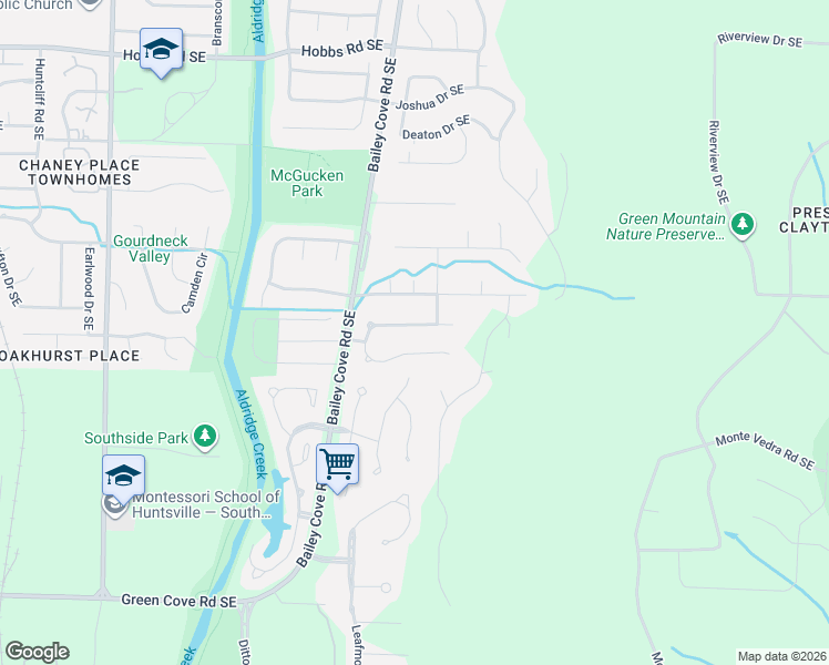 map of restaurants, bars, coffee shops, grocery stores, and more near 1215 Shadow Ridge Drive Southeast in Huntsville