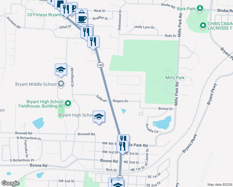 map of restaurants, bars, coffee shops, grocery stores, and more near 88 Bame Circle in Bryant