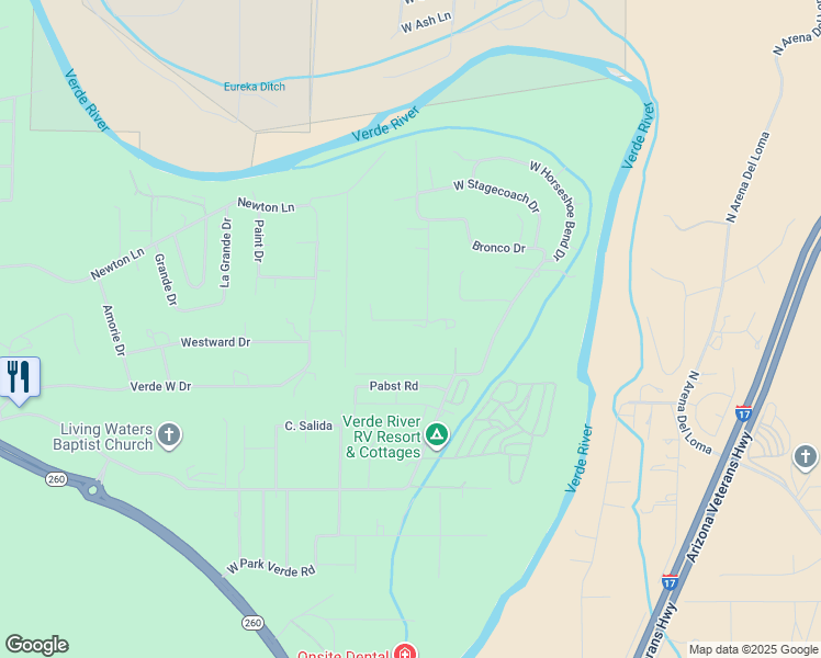 map of restaurants, bars, coffee shops, grocery stores, and more near 2361 North Mustang Lane in Camp Verde