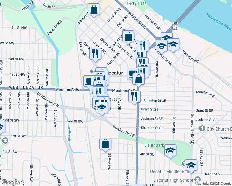 map of restaurants, bars, coffee shops, grocery stores, and more near 247 Moulton Street East in Decatur