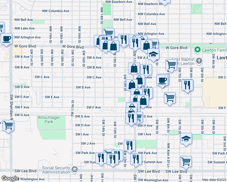 map of restaurants, bars, coffee shops, grocery stores, and more near 401 Southwest 13th Street in Lawton