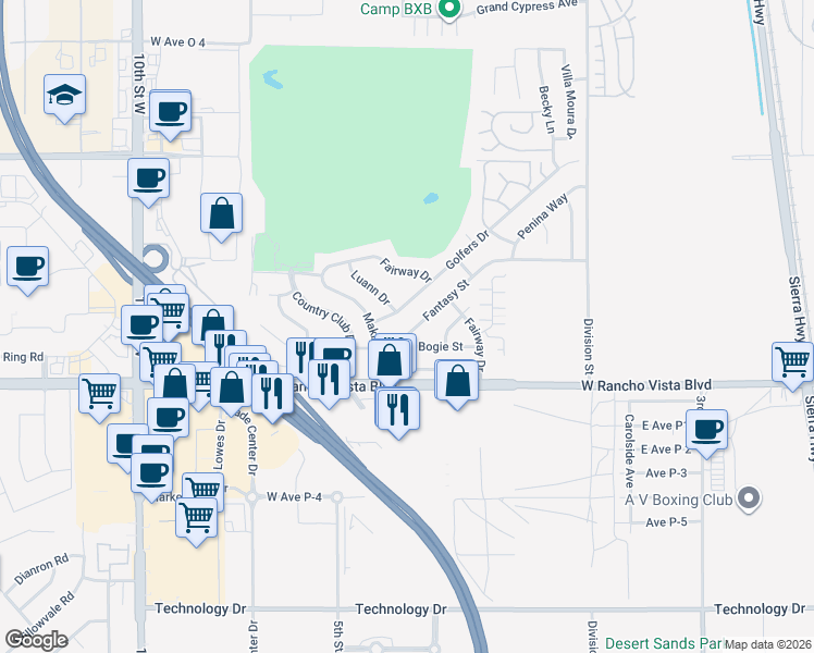 map of restaurants, bars, coffee shops, grocery stores, and more near 437 Fantasy Street in Palmdale
