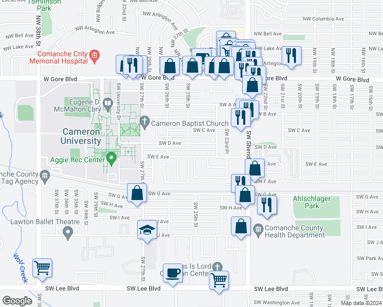map of restaurants, bars, coffee shops, grocery stores, and more near 2425 Southwest East Avenue in Lawton