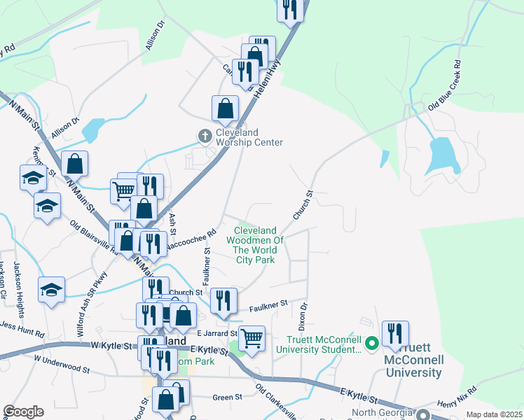map of restaurants, bars, coffee shops, grocery stores, and more near 110 Park View Drive in Cleveland