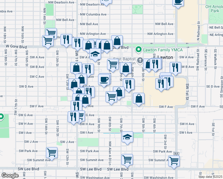 map of restaurants, bars, coffee shops, grocery stores, and more near 716 Southwest D Avenue in Lawton