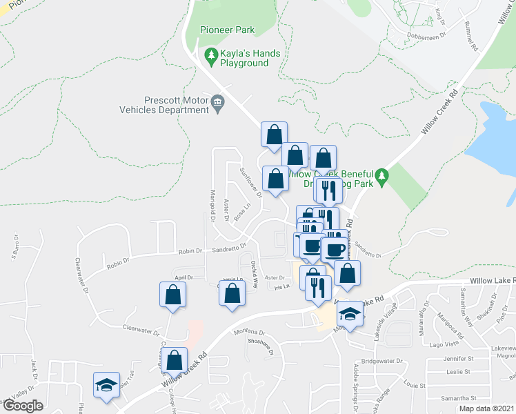 map of restaurants, bars, coffee shops, grocery stores, and more near 1090 Canary Drive in Prescott
