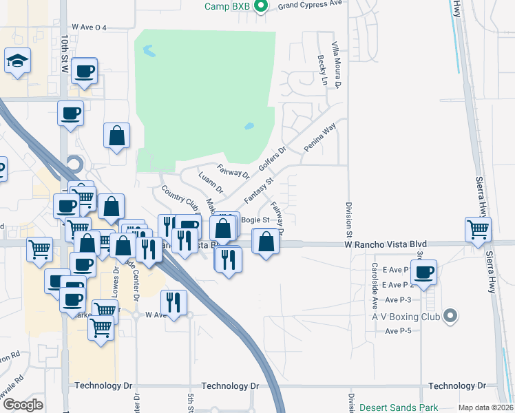 map of restaurants, bars, coffee shops, grocery stores, and more near 39745 Hook Street in Palmdale