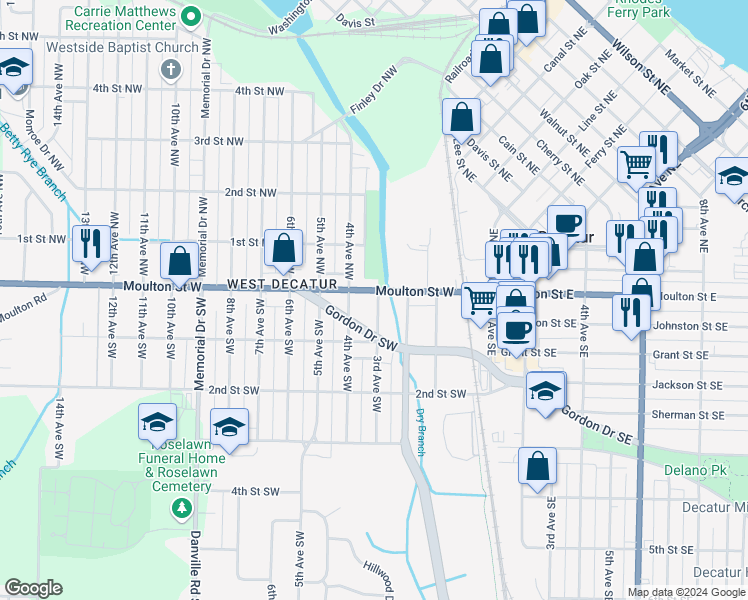 map of restaurants, bars, coffee shops, grocery stores, and more near 208 3rd Avenue Southwest in Decatur