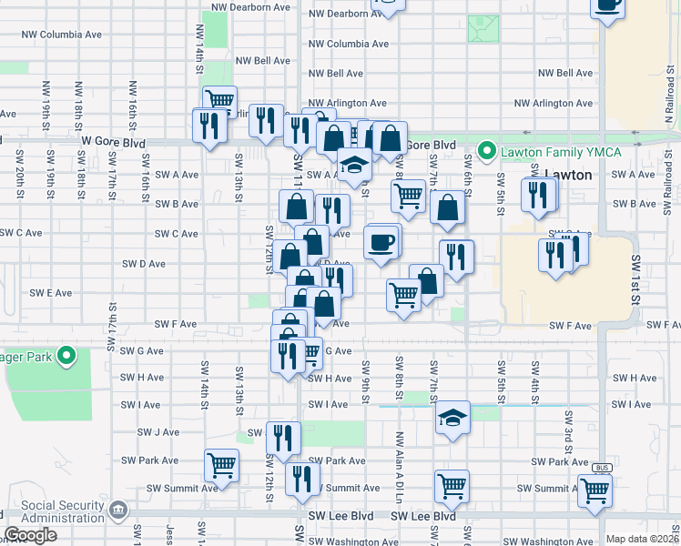map of restaurants, bars, coffee shops, grocery stores, and more near 410 Southwest 10th Street in Lawton
