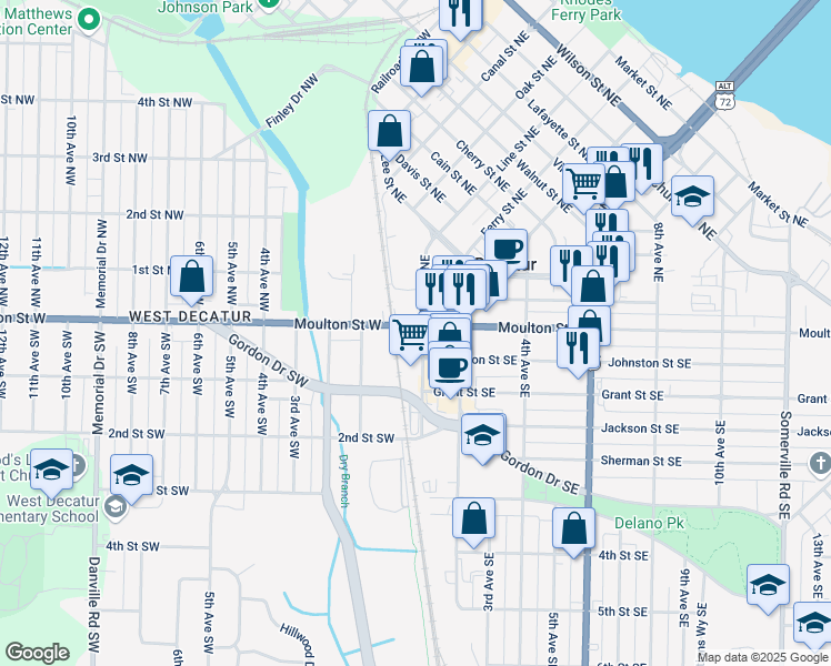 map of restaurants, bars, coffee shops, grocery stores, and more near 101 1st Avenue Northeast in Decatur