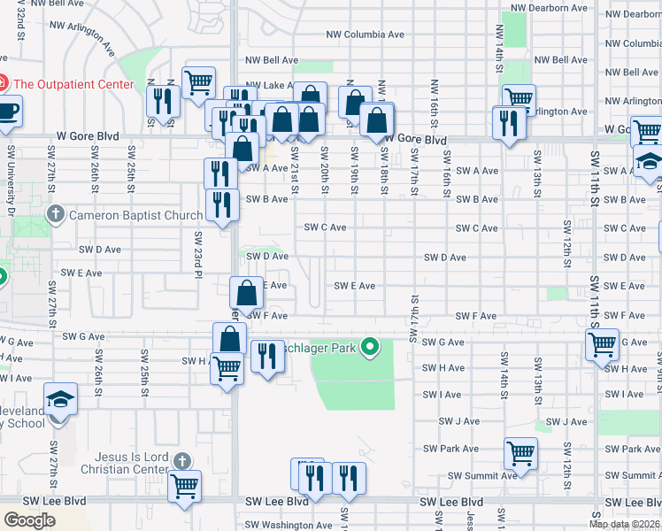 map of restaurants, bars, coffee shops, grocery stores, and more near 1914 Southwest D Avenue in Lawton