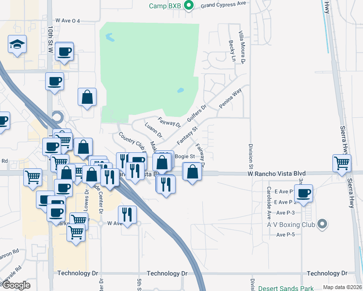 map of restaurants, bars, coffee shops, grocery stores, and more near 39745 Hook Street in Palmdale