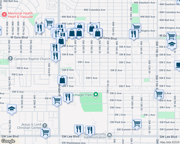 map of restaurants, bars, coffee shops, grocery stores, and more near 408 Southwest 19th Street in Lawton