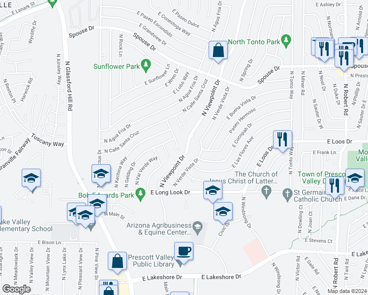map of restaurants, bars, coffee shops, grocery stores, and more near 4180 North Viewpoint Drive in Prescott Valley