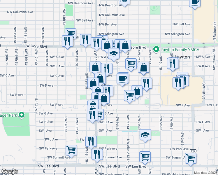 map of restaurants, bars, coffee shops, grocery stores, and more near 410 Southwest 10th Street in Lawton