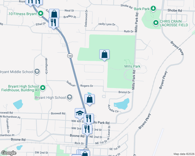 map of restaurants, bars, coffee shops, grocery stores, and more near 97 Bame Circle in Bryant