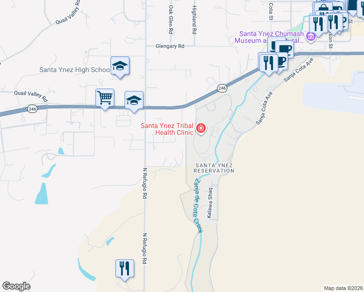 map of restaurants, bars, coffee shops, grocery stores, and more near 3106 Redondo Court in Santa Ynez