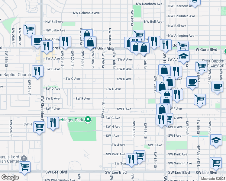 map of restaurants, bars, coffee shops, grocery stores, and more near 1602 Southwest D Avenue in Lawton
