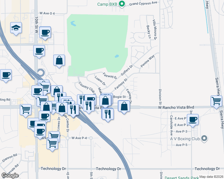 map of restaurants, bars, coffee shops, grocery stores, and more near 437 Fantasy Street in Palmdale