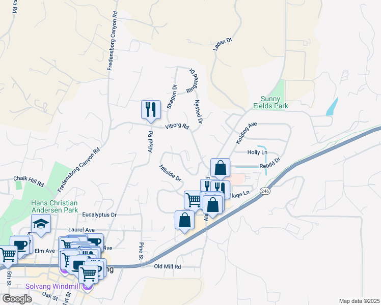 map of restaurants, bars, coffee shops, grocery stores, and more near 714 Hillside Drive in Solvang