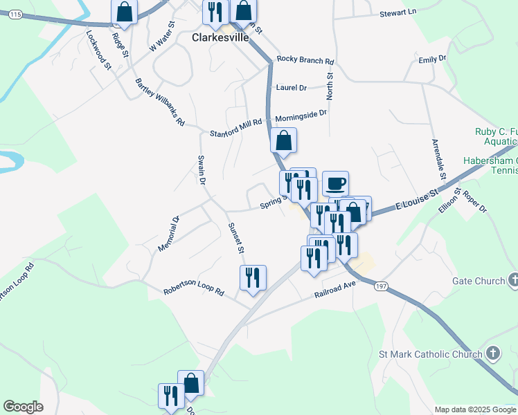 map of restaurants, bars, coffee shops, grocery stores, and more near Spring Street in Clarkesville