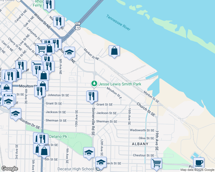 map of restaurants, bars, coffee shops, grocery stores, and more near 1402 Moulton Street East in Decatur